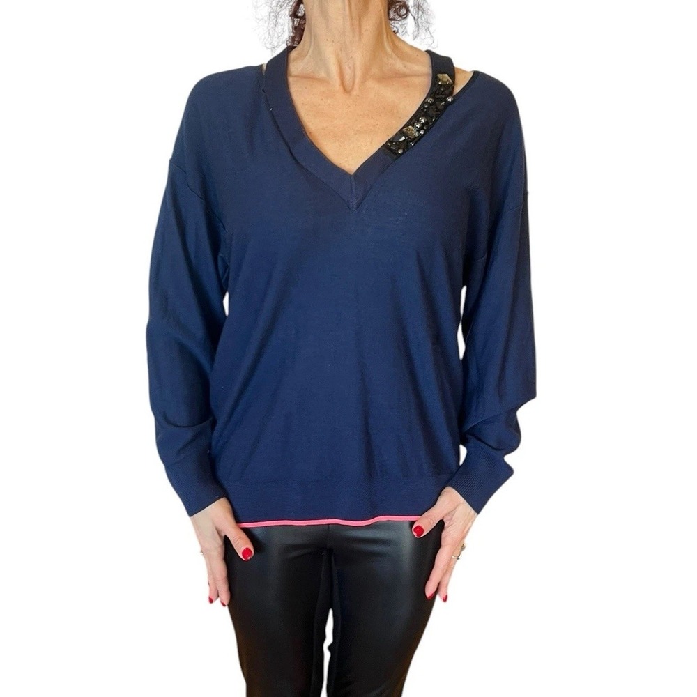 SONIA RYKIEL NAVY BLUE WOOL SWEATER V NECK COLD CUT OUT SHOULDER RHINESTONE M